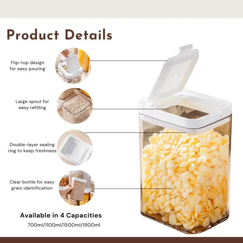 Kitchen Storage Pots, Food Storage Box for Rice Cereal,Pasta,Snacks, Food containers, Flip & Sealed & leak-proof.