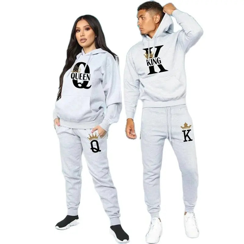 2024 New Autumn and Winter Men's and Women's Sweater Set KING QUEEN Loose Relaxed Hooded Print Couple Set.