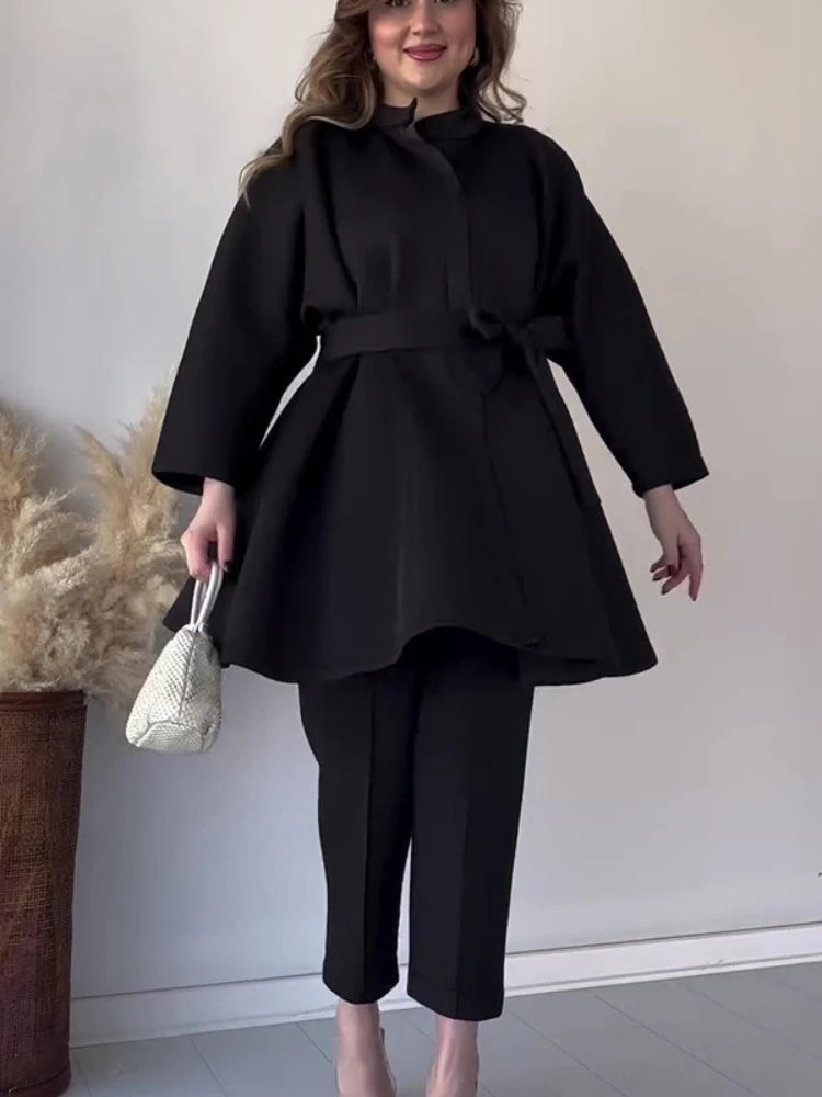 Ramadan Eid Muslim Two Piece Set Lace-up Long Shirt with Pants Women Suits Shirt Blouse Musulman Ensembles Islamic Dress Sets.