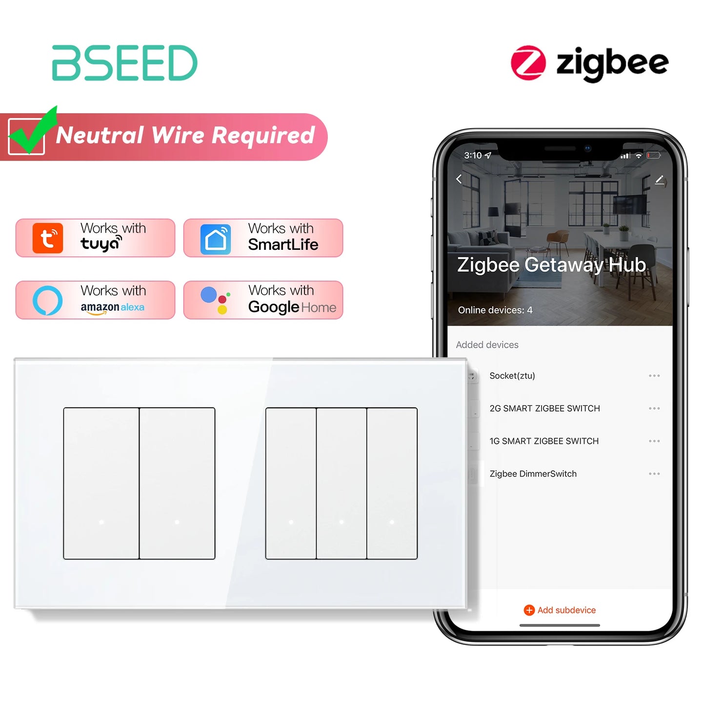 BSEED Zigbee Click Wandschalter Serie Intelligente Lichtschalter Gelbe Hintergrundbeleuchtung Glasrahmen Tuya-Schalter EU-Wandsteckdose USBC-Anschluss.