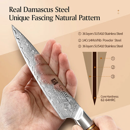 XINZUO 1-8pcs Kitchen Knife Set 73 Layers Custom Damascus Steel 15°±1 Per Side Steel Blade with Olive Wood Handle.