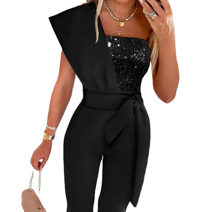 Women Jumpsuits Sleeveless Rompers Overalls Solid One Piece Pencil Pants Slim Belt Slight Strech Spliced Sequins Office Lady.