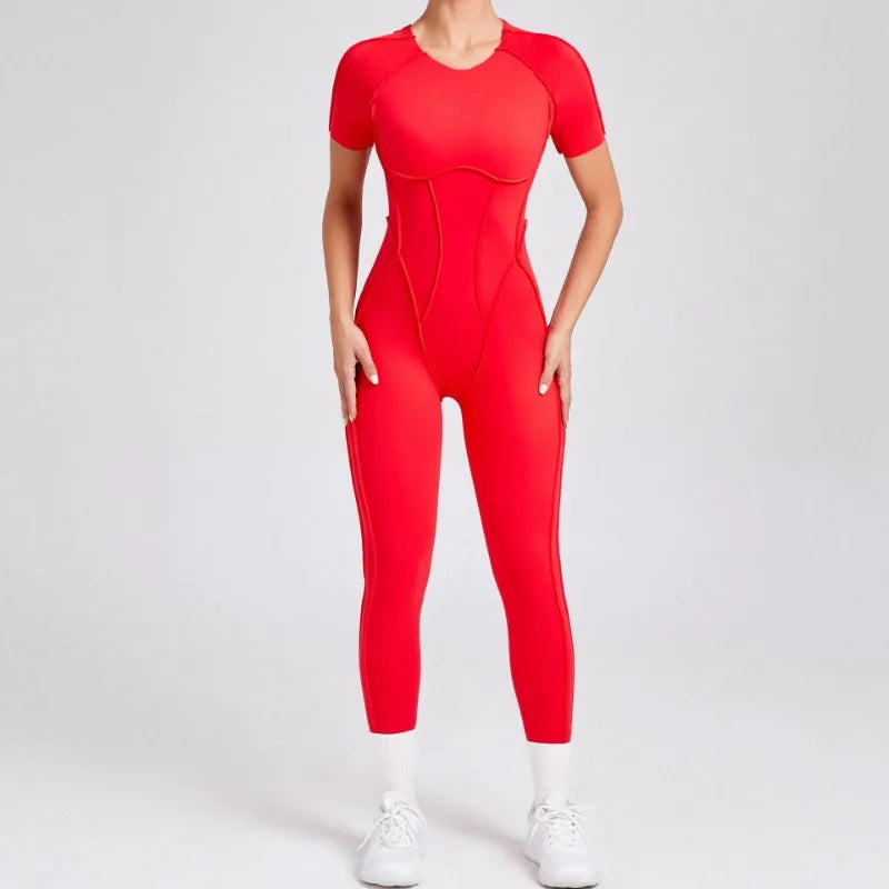 Seamless Yoga Jumpsuits Sports Fitness Hip-lifting Backless Short-sleeved One-piece Workout Gym Leggings Tracksuits for Women.