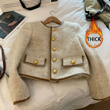 Vintage Cropped Tweed Jacket Women Thicken Quilted Blazer Korean Elegant Short Coat Winter Single Breasted Casual Outerwear Tops.