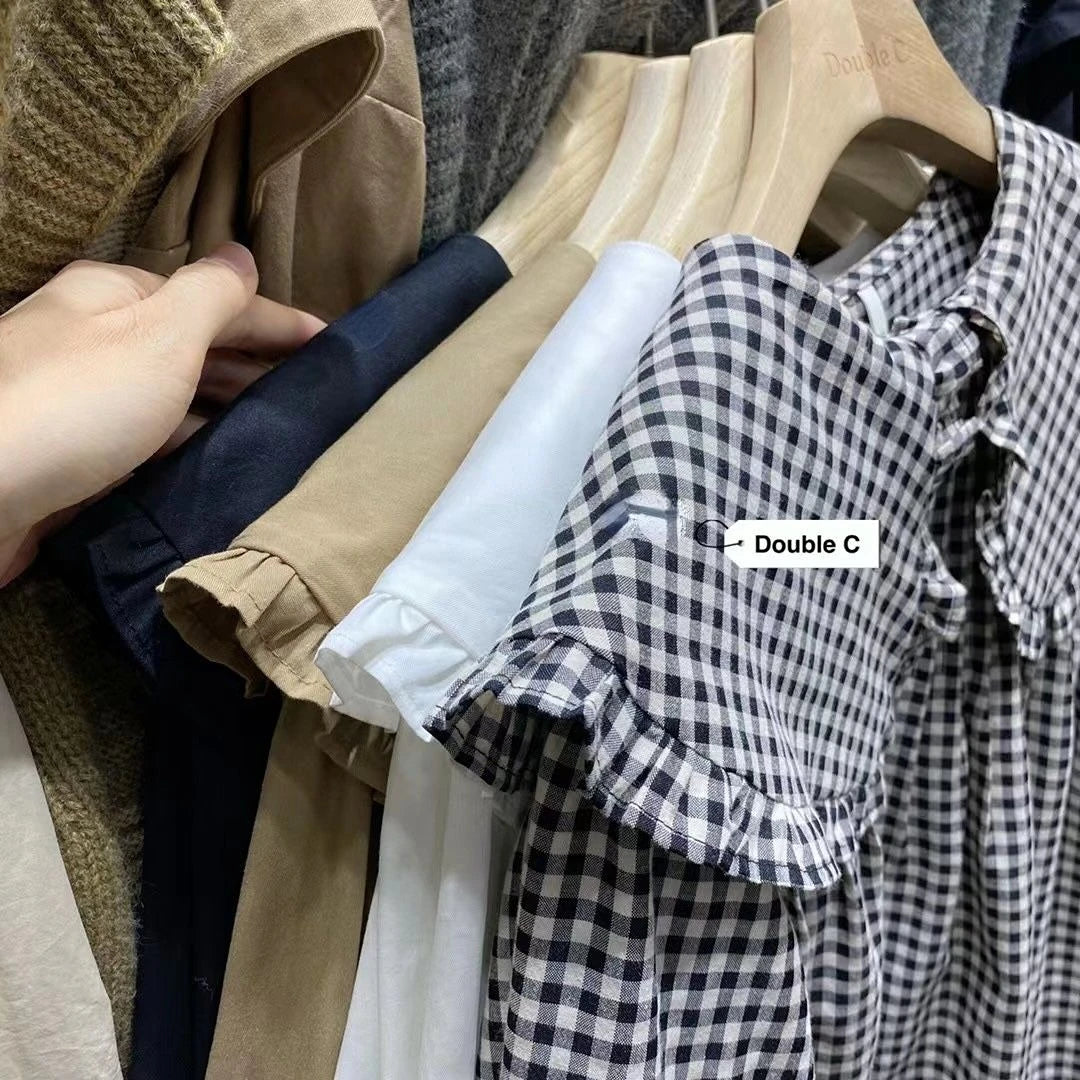 Shirts Women Spring New Plaid Peter Pan Collar Ruffles Loose All-match College Japanese Mujer Kawaii Swwet Tender Chemise Femme.