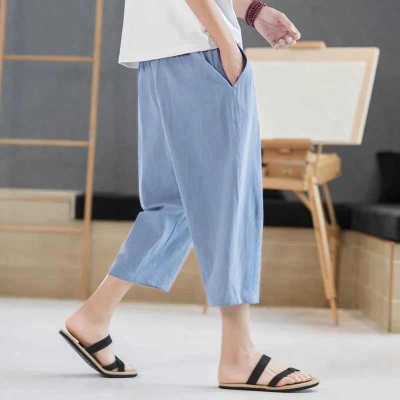 2025 new summer men's casual imitation linen seven quarter pants, thin solid color cut pants, fashionable hip-hop street sports.