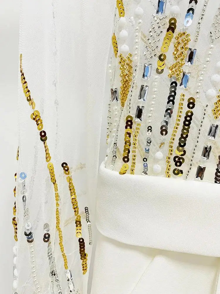 HIGH STREET Newest 2024 Designer Runway Fashion Women's Mesh Splicing Sequin Diamonds Beaded Jumpsuit.