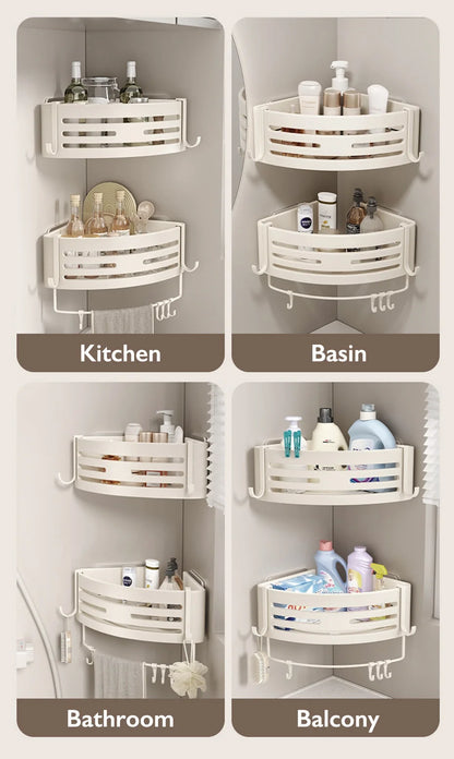 Weiße Badezimmerregale mit Handtuchhalter und Haken, Shampoo-Make-up-Aufbewahrungsorganisator, selbstklebendes, an der Wand montiertes Dusch-Eckregal