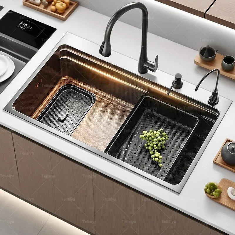 Stainless Steel Kitchen Sink Gray Household Large Single Slot Wash Vegetables and Dish Basin Multifunctional Dish Basin Sink