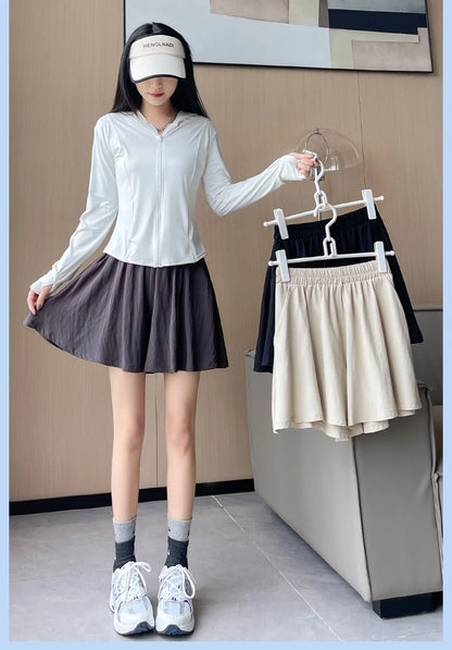 Women Quick Dry Sporty Short Pants Summer Thin Pleated Shorts Skirts High Waist A- Line Five Quarter Pants Cool Wide Leg Pants.