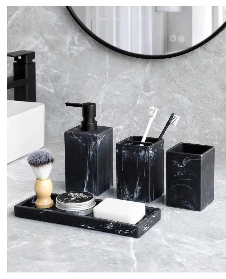 Bathroom Accessories Complete Marble Pattern Lotion Soap Dispenser,Toothbrush Holder,Tumbler,Tray Resin material Black white.