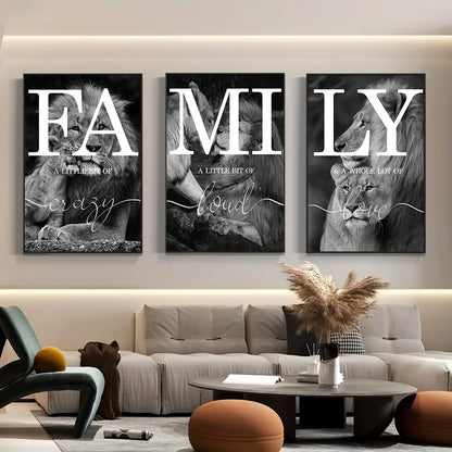 3pcs  Black And White Lion Family Quote Home Signs Canvas Paintings Animal Lion Wall Art Prints And Posters For Living Rooom.
