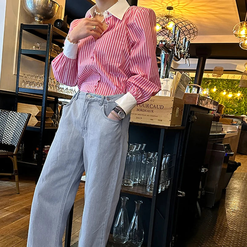 Jmprs Elegant Women Shirts Korean Striped Red Fashion Turn Down Collar Office Ladies Tops Long Sleeve Causal Female Blouse