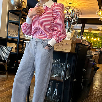 Jmprs Elegant Women Shirts Korean Striped Red Fashion Turn Down Collar Office Ladies Tops Long Sleeve Causal Female Blouse