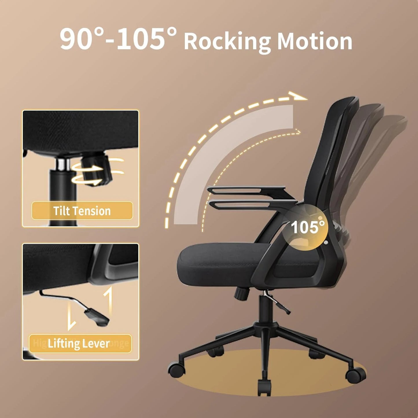 Office Chair Ergonomic Mesh Flip-Up Arms Gaming Chair with Mid Back Cushion Lumbar Support for Home Bedroom Working