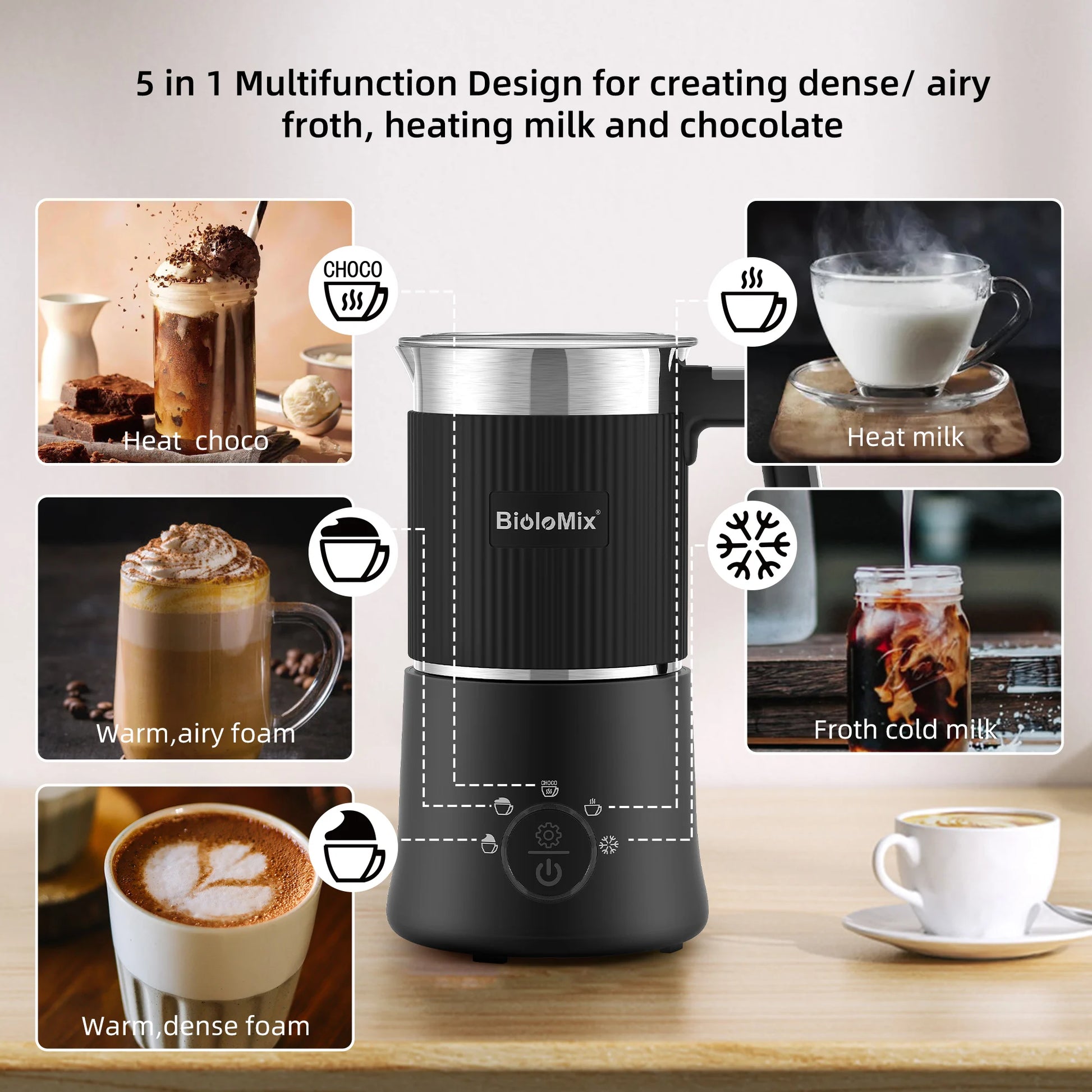 BioloMix Detachable Milk Frother and Steamer,5-in-1 Automatic Hot/Cold Foam and Hot Chocolate Maker,Dishwasher Safe.