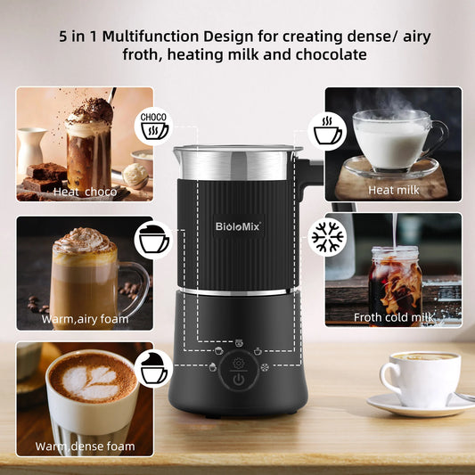 BioloMix Detachable Milk Frother and Steamer,5-in-1 Automatic Hot/Cold Foam and Hot Chocolate Maker,Dishwasher Safe.