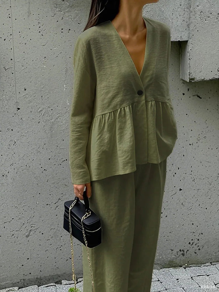 Summer Vacation Solid Color Simple Outfits Elegant V-neck Long Sleeve Tops&Wide Leg Pants Sets Fashion Loose Women's Commute Set.