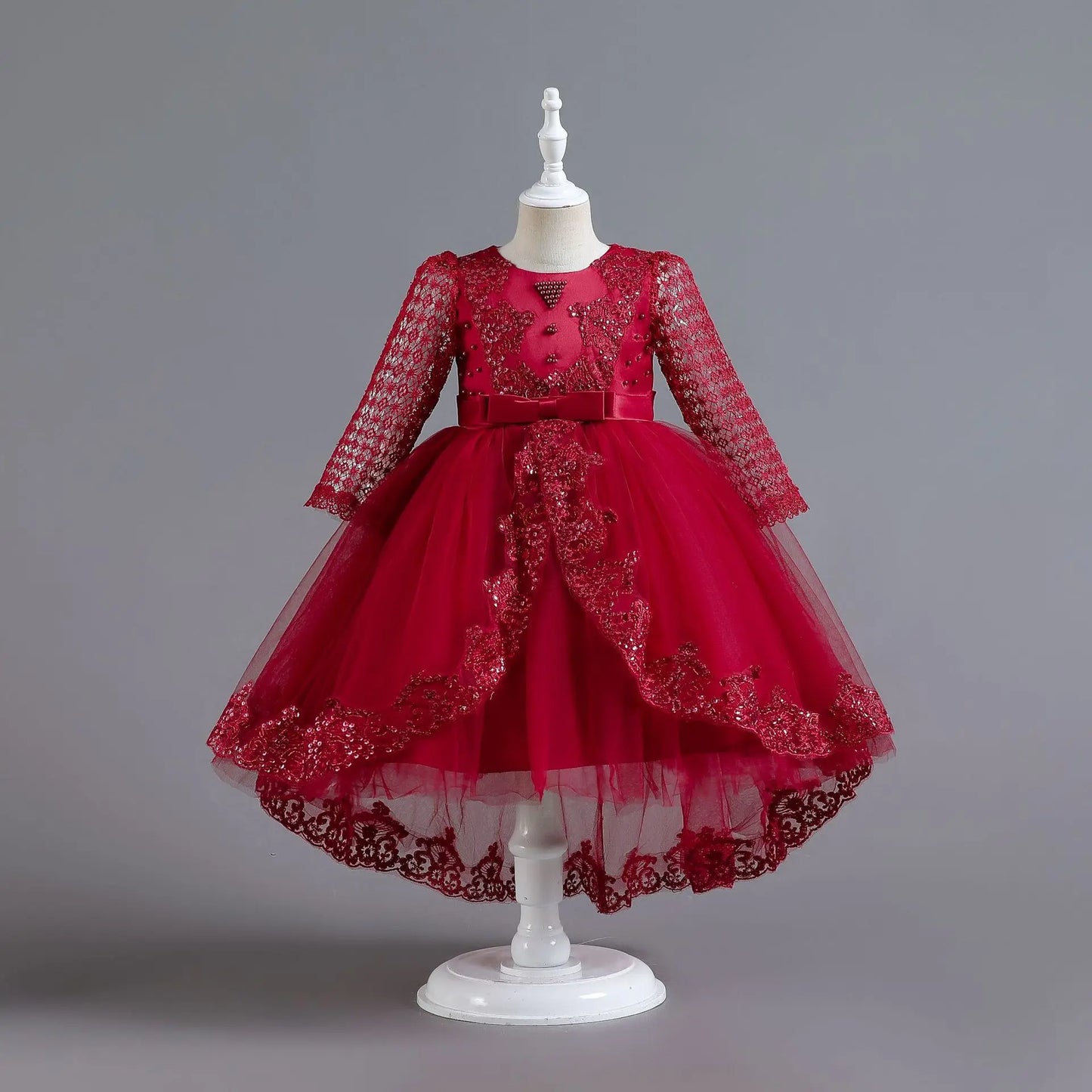 Party-Tüll-Kleider für Mädchen, langärmelig, Spitze, Perlen, nachgestelltes Prinzessinnenkleid für Kinder, Hochzeit, Geburtstag, Performance, Abendkleid