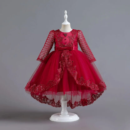 Party-Tüll-Kleider für Mädchen, langärmelig, Spitze, Perlen, nachgestelltes Prinzessinnenkleid für Kinder, Hochzeit, Geburtstag, Performance, Abendkleid