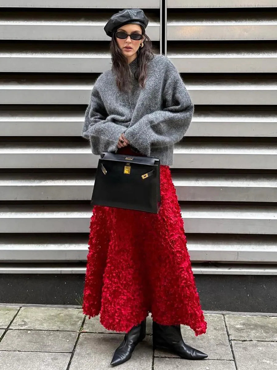 Bornladies Winter Red Fashion Long Petal Skirt Women's Design Inspired Evening Gown Elegant Lady Unique High Waisted Skirt