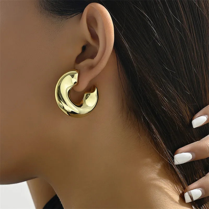 New Retro Chunky C Shape Hoop Earrings Glossy Gold Plated Pvd Circle Round Tube Huggie Hoops Stacked Ear Jewelry.