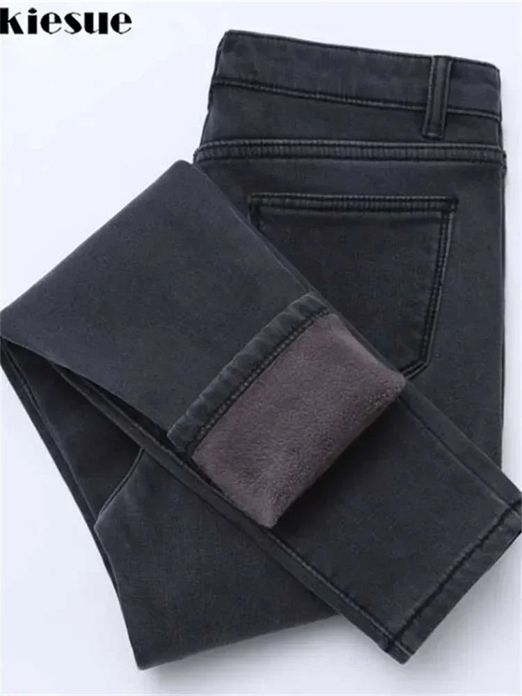 2022 Winter Jeans Women Gold Fleeces Inside Thickening Denim Pants High Waist Warm Trousers Female jeans woman Pants.