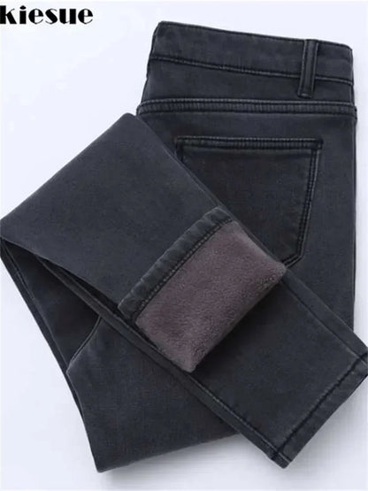2022 Winter Jeans Women Gold Fleeces Inside Thickening Denim Pants High Waist Warm Trousers Female jeans woman Pants.
