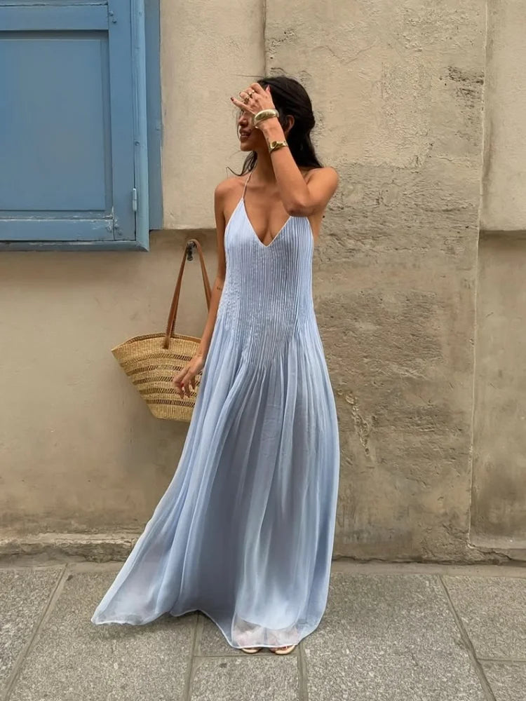 Sexy frauen Einfarbig Gefaltete Lange Kleid Elegante Ärmellose Hosenträger Backless Slim Fit Kleider Strand Party frauen Robe.