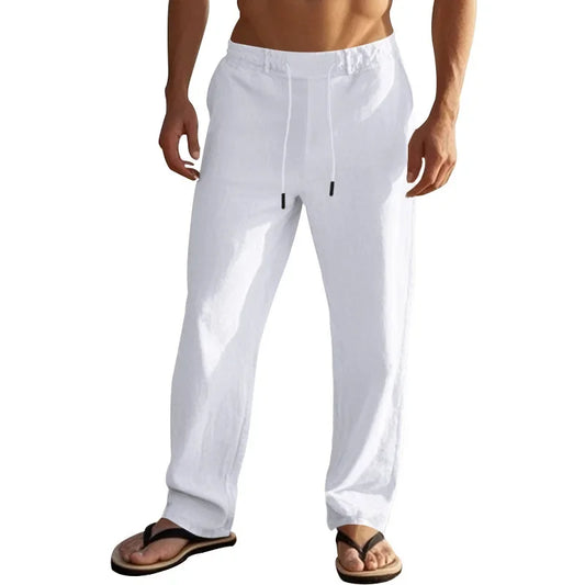 2024 drawstring men's simple fashion solid color casual cotton and linen straight trousers.