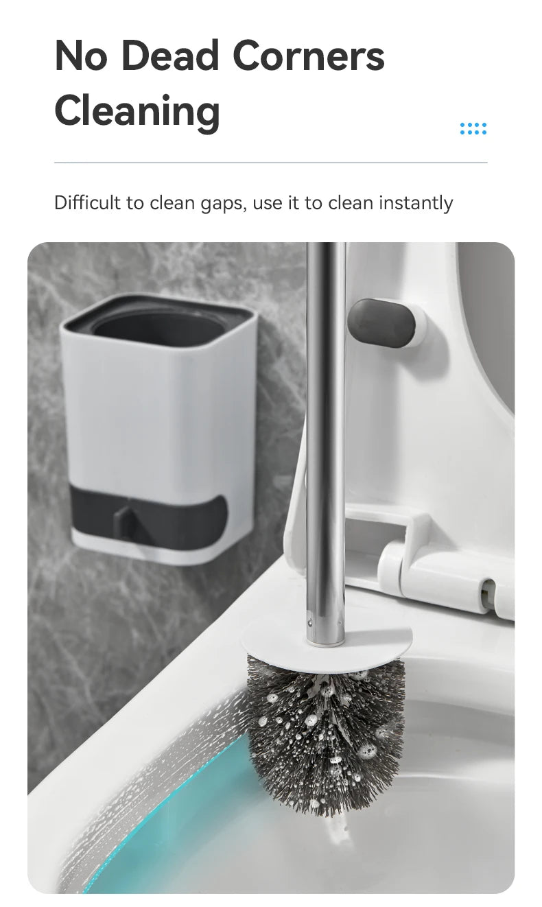 WORTHBUY Wandmontierte Toilettenbürste aus Kunststoff mit langem Griff und Halter, stanzfreie WC-Toilettenreinigungsbürste, Badezimmerzubehör