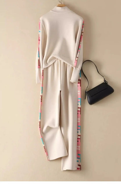 Frühling Herbst frauen Kleidung Set Gedruckt Doppel-Reißverschluss Jacke + hohe Taille Elastische Kordelzug Breite Bein Hosen Sport zwei-Stück Set