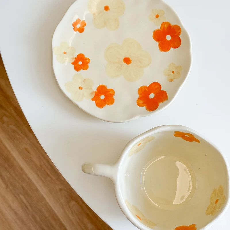 Flower Pattern Ceramic Cup Korean Style Saucer Set Hand Pinched Irregular Coffee Milk Cup Afternoon Tea Tableware Gifts for Home.