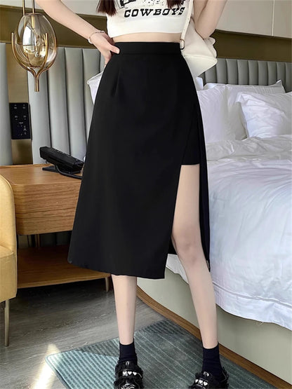 2023 New High Waist Hip Skirt Irregular Slit Black Skirt for Women Summer Mid-length A-line Harajuku Vintage Women Clothing.