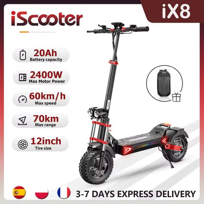 iScooter iX8 12 inch Electric Scooter 2400W Dual Motor Off Road E-Scooter 20Ah 60km/h Scooters 70km Max Range Foldable EScooters.