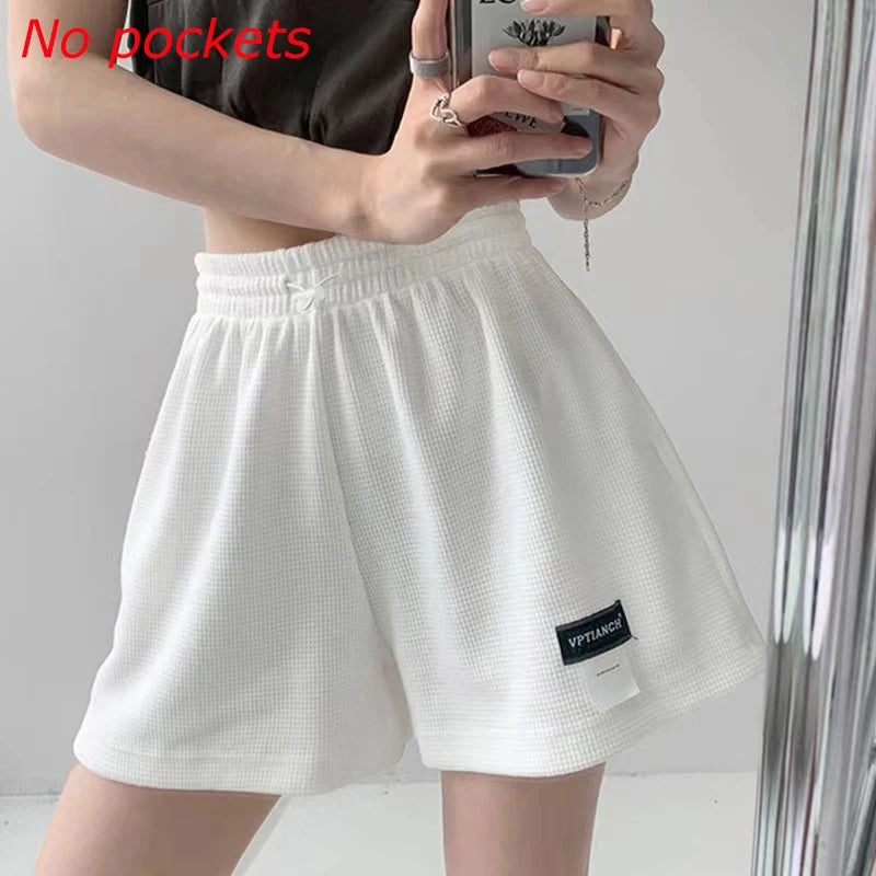 2025 Waffle Women's Shorts High Waist Black Shorts Casual Aesthetic Elastics Hot Pants Loose Summer Women's Clothing Bottoms