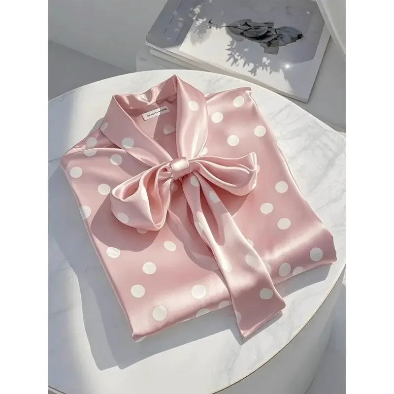 Elegant High Quality Satin Polka Dot Print Shirt Women Office Lady Business Casual Chic Blouse Lace-up Bow Long Sleeve Loose Top.