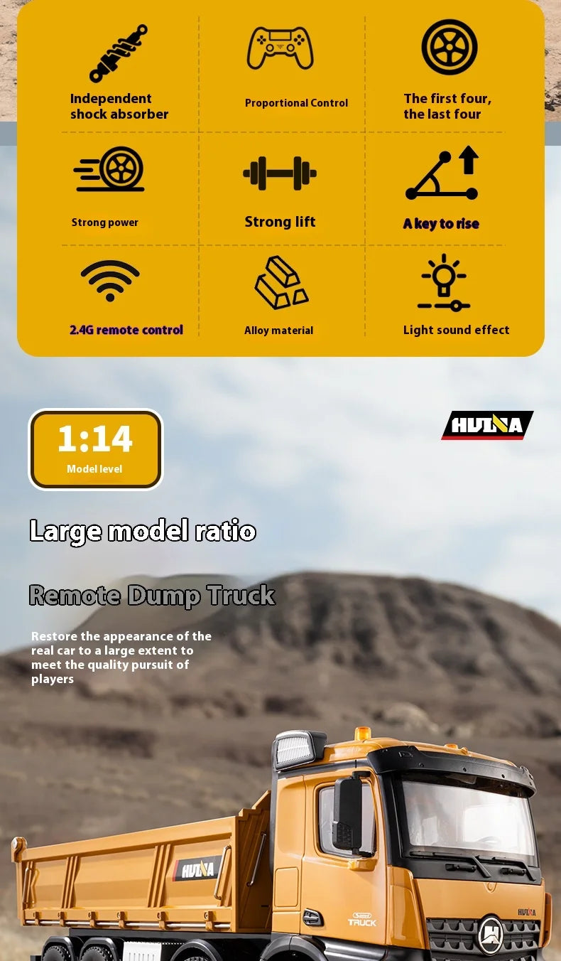 Huina Large 50Cm Rc Dump Truck 1536 12Ch 1/14 Alloy Remote Control Engineering 8Wheel Heavy-Duty Dump Truck Cargo Model Boy Gift.
