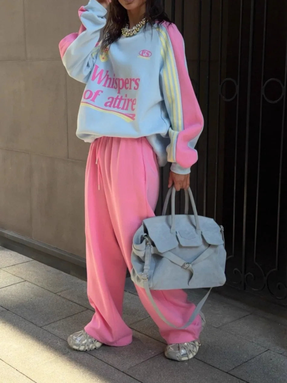 European American 2025, Neuankömmling Damen-Anzug-Set, hochwertiger Herbst- und Winter-Hoodie mit Farbblock-Hose, zweiteiliges Outfit