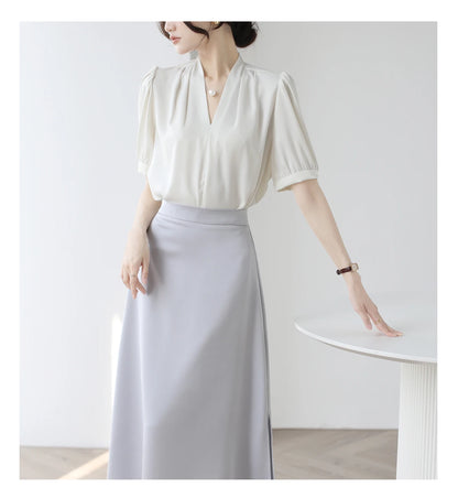 2025 Fashion Summer Short Sleeve V-Neck Women Blouse White Blouse Shirt Women Tops Blouses Shirts Blusas De Mujer Camisas P856.