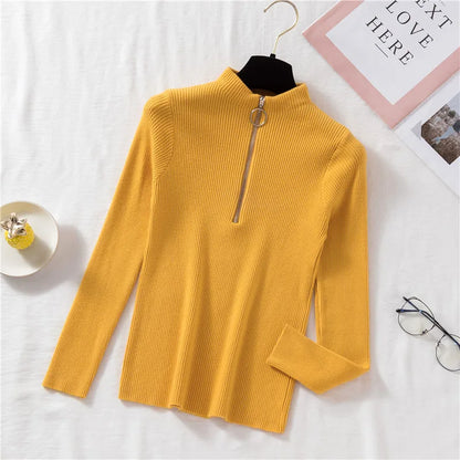 Spring Autumn Skinny Elastic Knitted Shirt Women Pullover Sweater Tops Female Long Sleeve Slim Mock Neck Knit Bottoming Shirts.