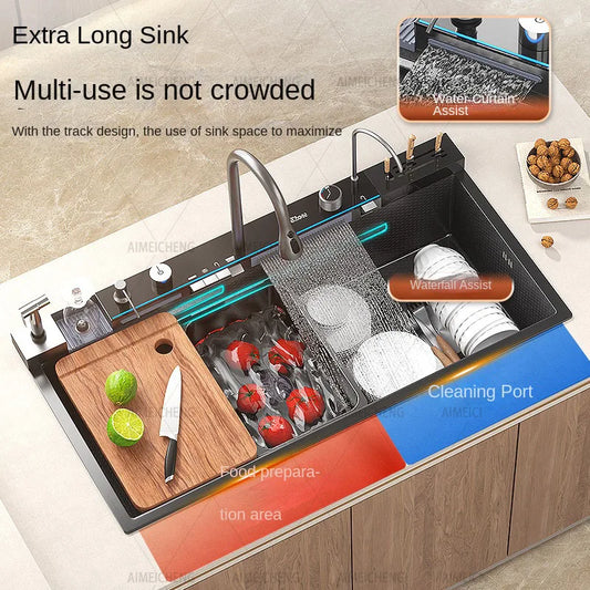 Küchenspüle aus Edelstahl mit Wasserhahn, Digitalanzeige, große Einzelschüssel, Wasserfall, Regen, 5-Funktionen-System, Spülbecken, Spüle