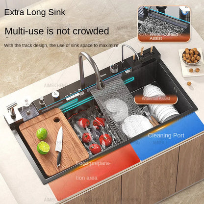 Heißer verkauf Edelstahl Wasserfall Küche Waschbecken Mit Messer Halter Digital Display Wasserhahn Set Geprägte Extra Große Einzigen Slot