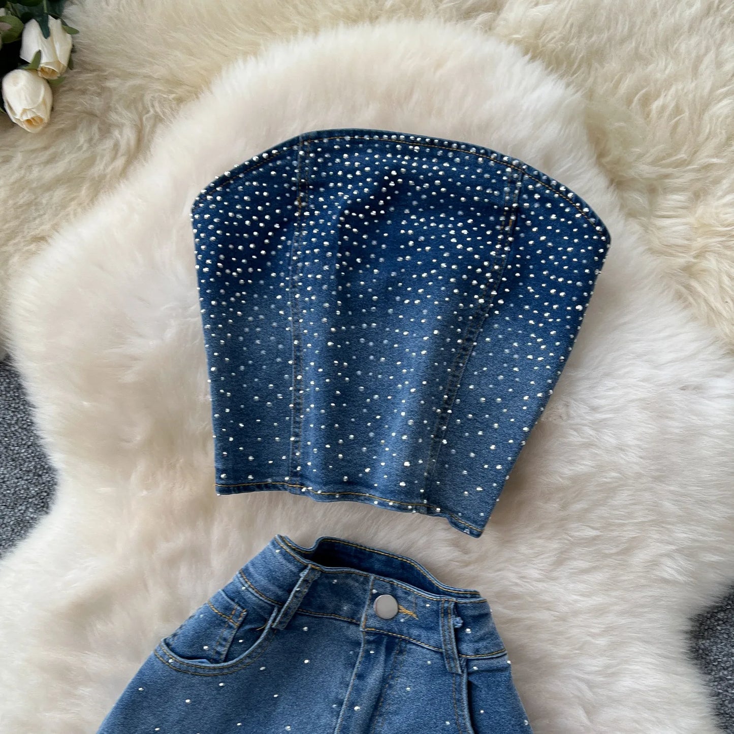 Denim Pant Set Women Two Piece Sets Sexy Matching Sets Sleeveless Short Tops Long Flare Pants High Waist Slim Hot Diamond.