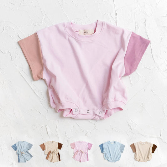 2023 sommer Neugeborenen Baby Jungen Mädchen Übergroßen Strampler Kleidung 0-24M Patchwork Farbe Baumwolle Kurzarm Body Grundlegende overalls