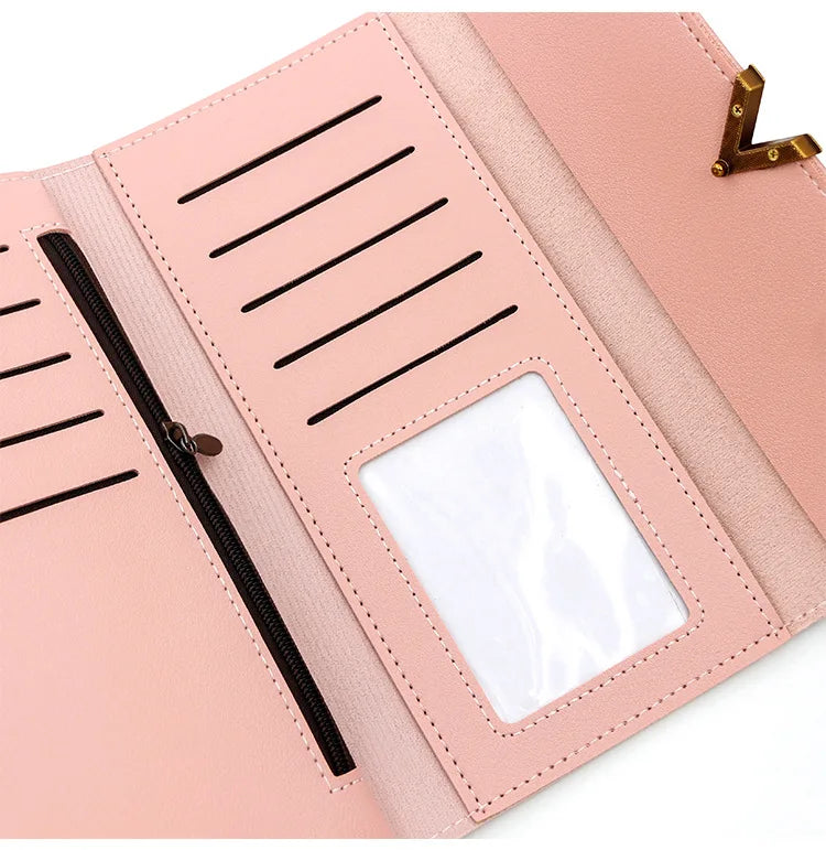 New Korean version women's wallet long V-shaped buckle three fold wallet for women, hand-held bag, change card bag