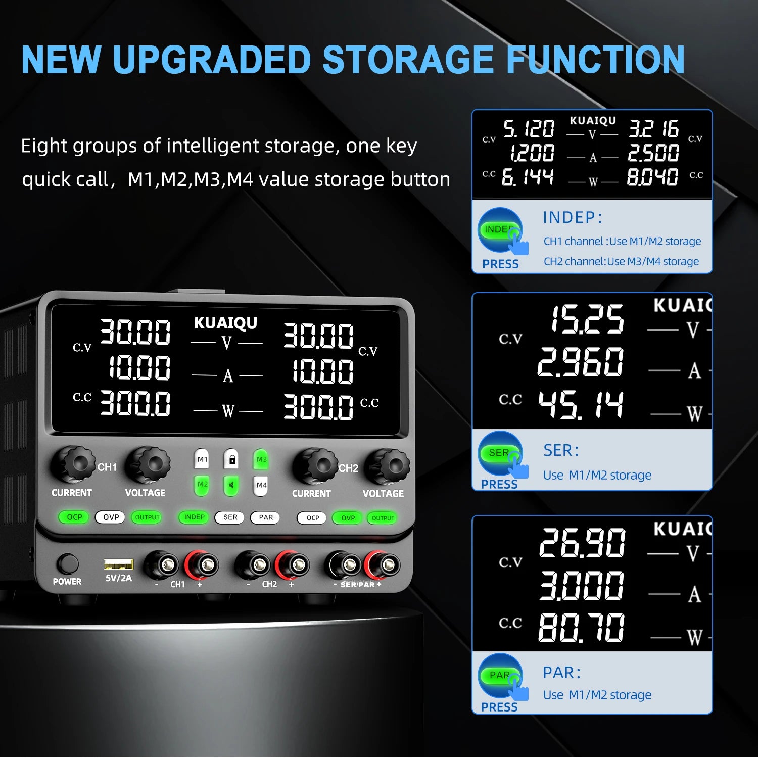 KUAIQU Newest 30V10A Dual Channel Bench Power Supply 3-Way Series-Parallel Output Overvoltage Overcurrent Protection Laboratory.