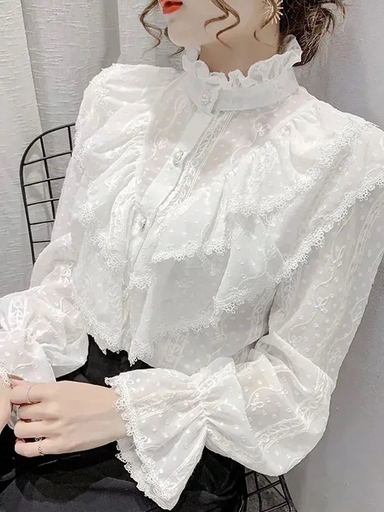 Long Sleeve Loose Spring Fashion Button White Shirt Elegant Stand Collar Pleated Tops Casual Ruffle Lace Blouse Blusas 15832.