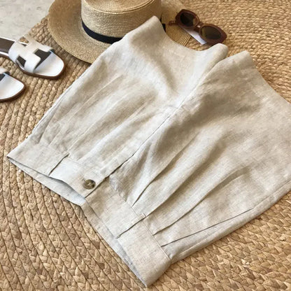 Korean Office Lady Summer Women's Solid Color Linen Zipper Pockets Fashion Casual Loose High Waist A-line Wide Leg Shorts.