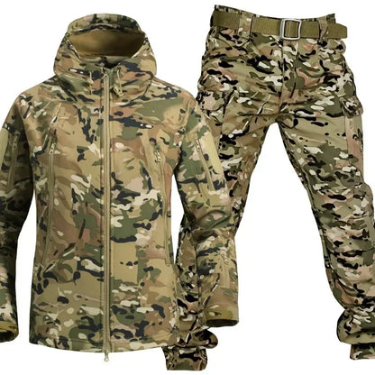 Winter Verdicken Männer Camo Anzug Wasserdichte Taktische Ausbildung Set Multi-tasche Mit Kapuze Jacke Fleece Hosen Outdoor Jagd 2-stück